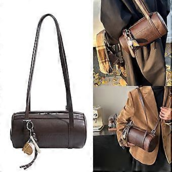 Multifunktionel cylinderformet retro håndtaske til kvinder PU læder skuldertaske 2025 design crossbody pung armhule tasker brun brown