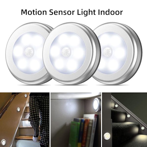 3-delad rund silvervit trådlös LED-lampa med rörelsesensor,