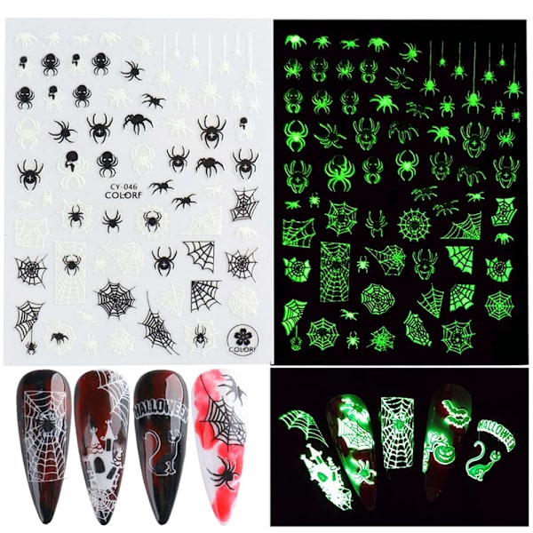 Halloween Nagelstickers 3D Lysande Halloween Naglar Självhäftande