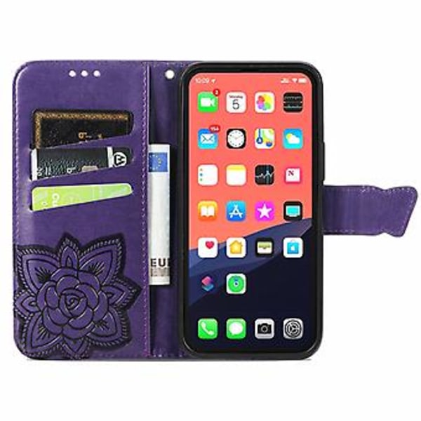 Fjäril Kärlek Blomma Läderfodral För iPhone 13 mini Dark Purple