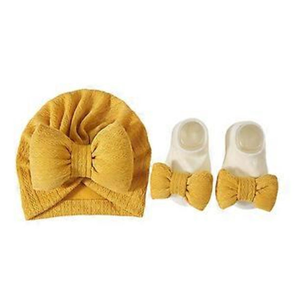 Spædbarnshat & Sokker Combo Nyfødt Kort Strømpesok med Turbanhat Sæt Moderigtig Hue Trendy Tilbehør til 0-3 År Gul Yellow