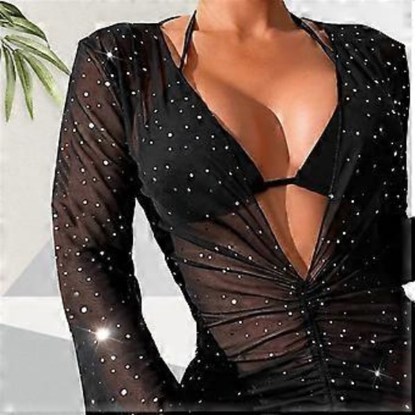3 STK. Dame Bikinis Badedragt Sæt med Langærmet Strandslag, Halterneck Bikini Top og Underdel Sort M M
