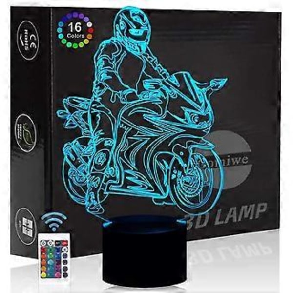Moto Motorcykel 3D Illusion Natlampe Legetøj, Hjemmeindretning LED Sengelampe Bordlampe, Touch & Fjernbetjening 16 Farver, Fødselsdags- og Julegave