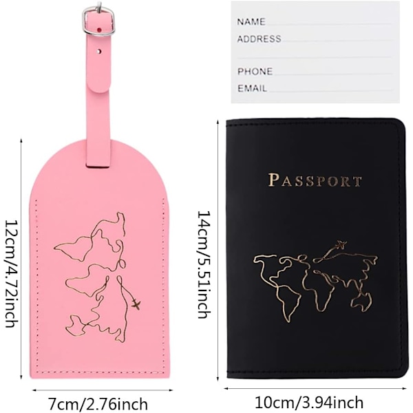Rosa, svart - 2 bagasjelapper og 2 passholdere, skinnpass