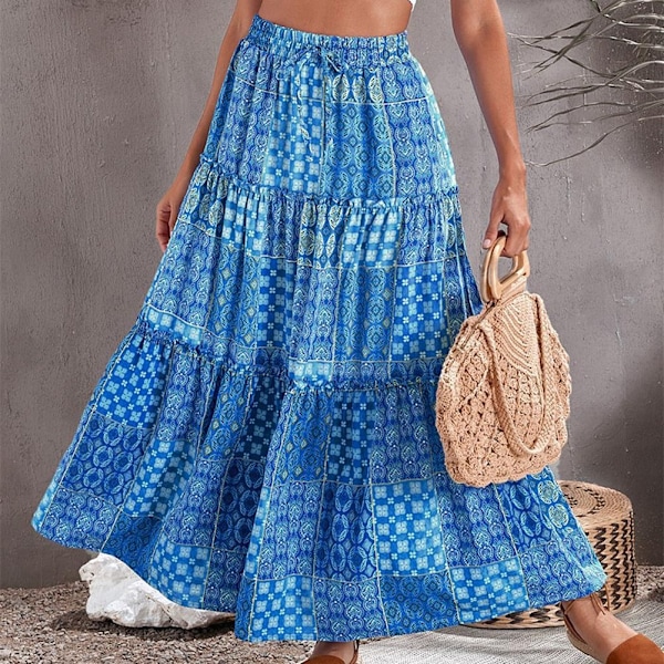 Boheme strandnederdel, sommer strandnederdel, komfortabel etnisk stil trykt lang nederdel, M, blå Blue M