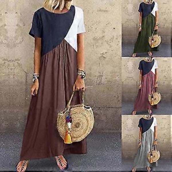 Afslappet løs lang kjole Dame Farveblok T-shirt Kjole Kortærmet Maxikjole Strand Maxikjole Rund hals Swing Kjole Grøn M Green M