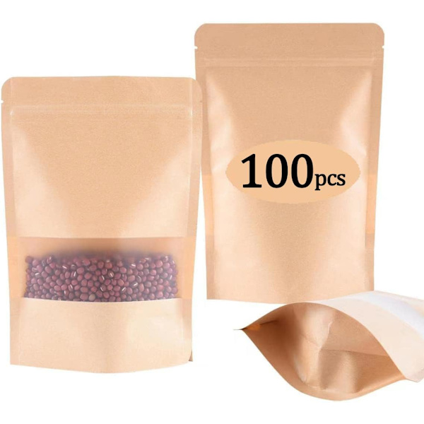 100 stk Kraft matposer Stand-Up Kraft glidelåsposer med klar