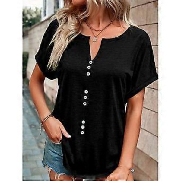 Svart S Dam T-shirt Kort Ärm V-ringad Enfärgad Lös Passform Knappdekoration Fram Dam Casual Topp för Vår Sommar