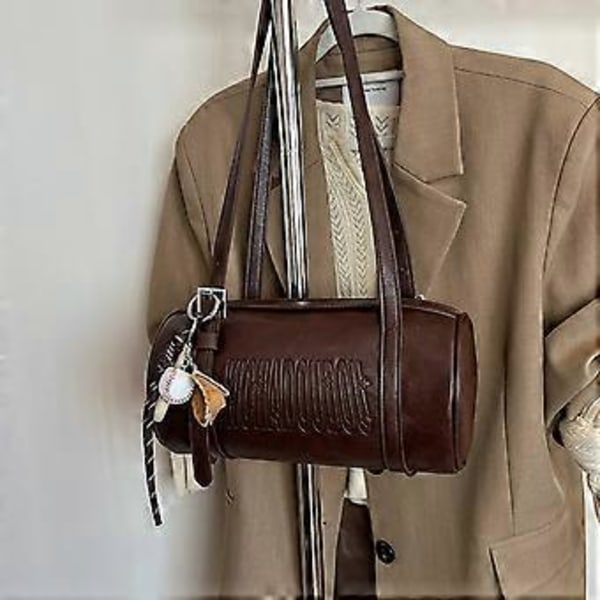 Multifunktionel cylinderformet retro håndtaske til kvinder PU læder skuldertaske 2025 design crossbody pung armhule tasker brun brown