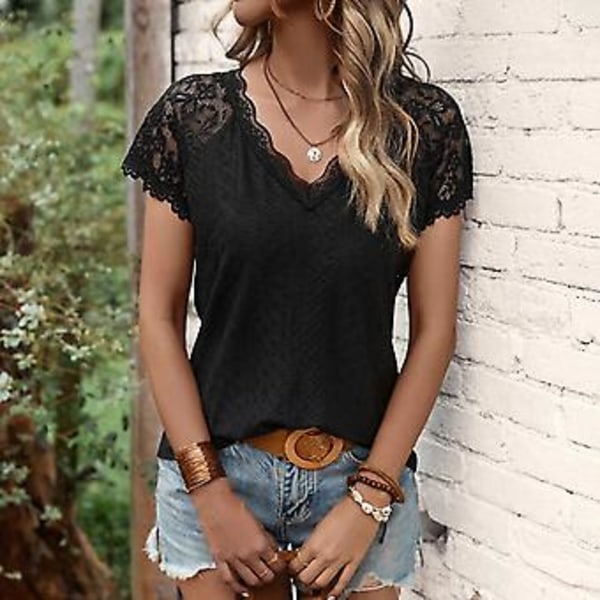 Kortermet bluse for kvinner, V-hals, blondekant, ensfarget, moteriktig, pustende for sommeren (L svart) black L