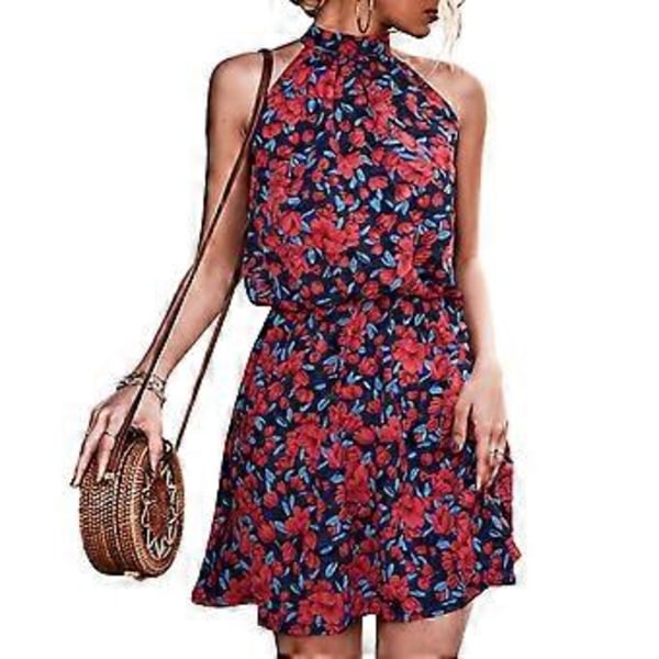 Halterneck Kjole med Bindebånd i Ryggen Kort Kjole Dame Sommer Elegant Elastisk Talje Blomsterprint Kjole til Dates