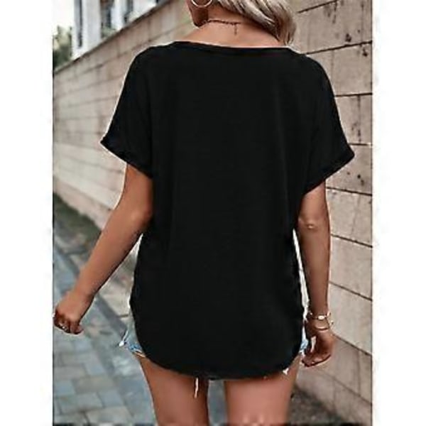Svart S Dam T-shirt Kort Ärm V-ringad Enfärgad Lös Passform Knappdekoration Fram Dam Casual Topp för Vår Sommar
