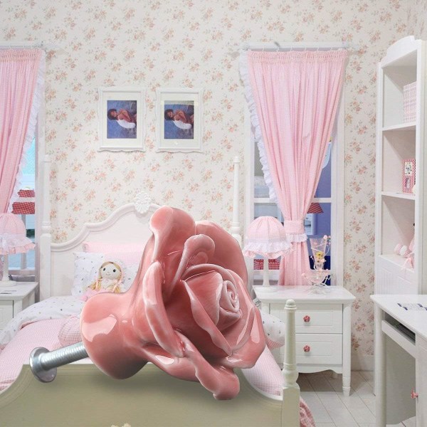 8 stk Elegante Rosa Rose Trekkblomster Keramiske Skapsknapper Cupboa