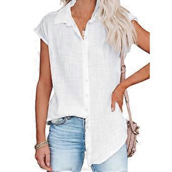 Dame Skjorte med Knapper Kortermet Ren Lys Farge Løs Casual Dame Kortermet Bluse for Utflukter Kontorfest, Hvit
