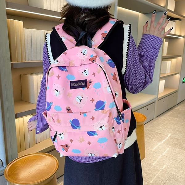 Skuldertaske skoletaske tryk, stor kapacitet studenterrejse rygsæk - pink