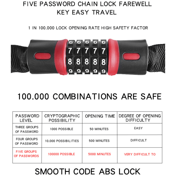 Rød (60 cm) Anti-tyveri Kombinasjonslås for Sykkel Tilbakestillbar Sykkelpass