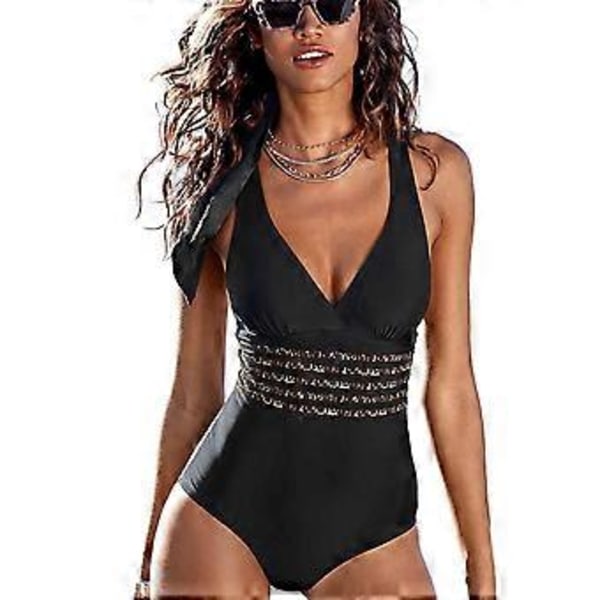 Dame Ensfarvet Udhulet Talje Ét-delt Bikinis Sexet Rygløs V-hals Badedragter Strandtøj Brede Stropper Badetøj sort panter mønster M black panther patter M