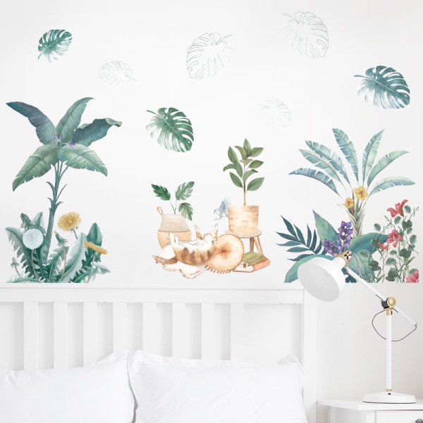 A Set of Wall Stickers Leaves Flowers Cat Wall Sticker Green Plan