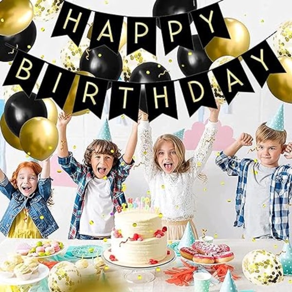 Happy Birthday Flag Pulling Sequin Balloon Set (Svart Guld), Par