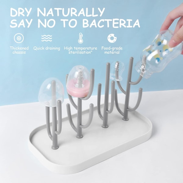 Babyflaske tørkerack med avtakbar dryppbrett, babytilbehør, egnet for flasker, smokker, kopper, (grå)