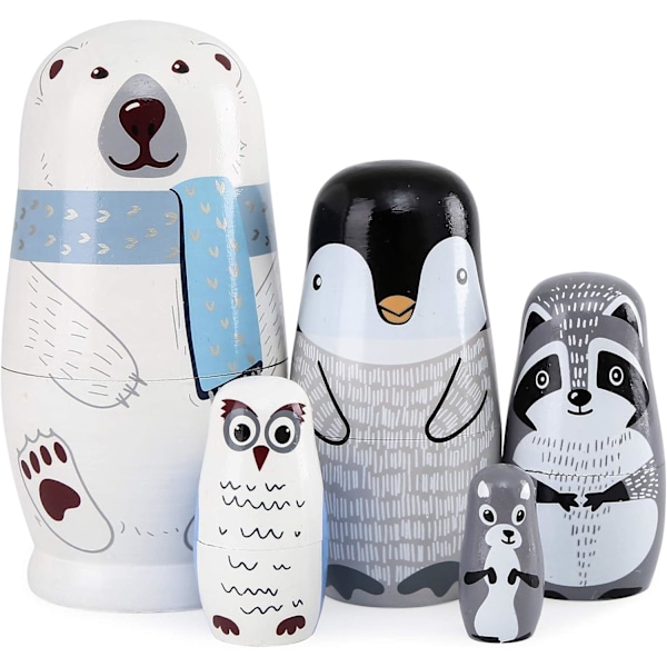 5 st Söt Handgjorda Träfåglar Nesting Dolls Present Isbjörn