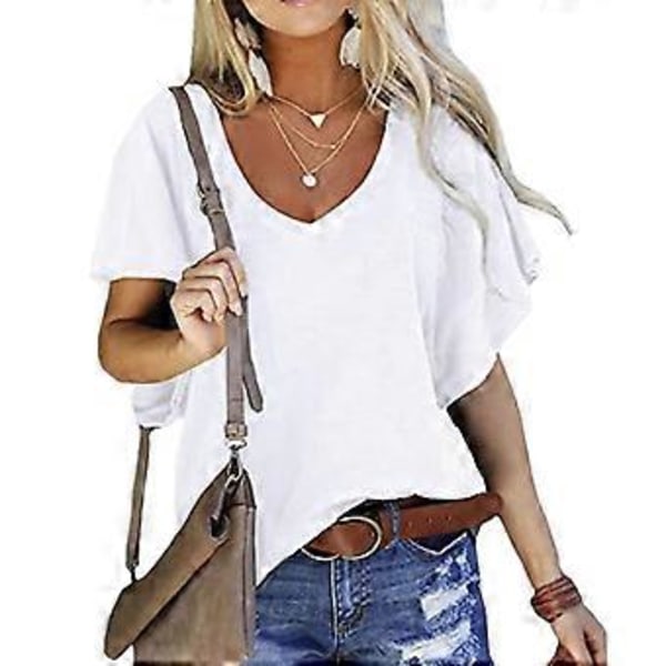 Hvit M Volangermet Bluse V-hals Ensfarget Casual Bluse Skjorte Topp for Kvinner Sommer Date