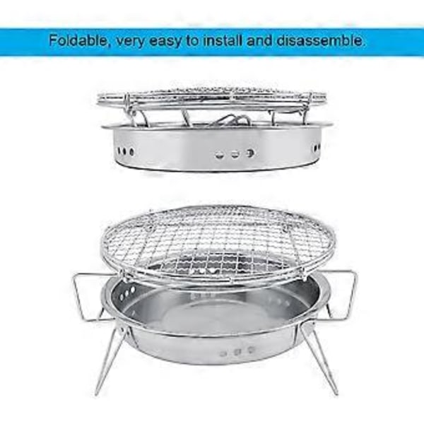 Mini BBQ Grill i rustfrit stål, sammenklappelig, bærbar, rund grillovn til udendørs camping og terrasse