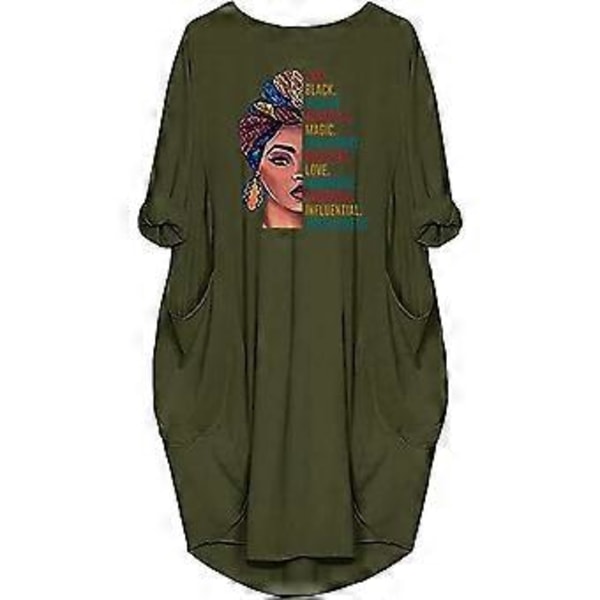 Dame Løstsiddende Kjole Print Fuld Ærme O-Hals Lomme Plus Størrelse Midi Casual Kjole Vintage Kvinder Kjole