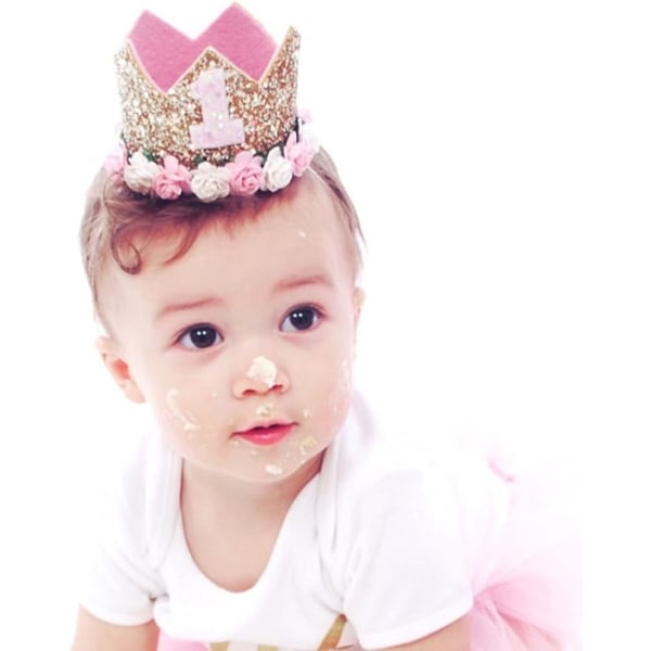 Baby Crown Hat (Rosa och vita blommor \"1\") Semester Födelsedag Par
