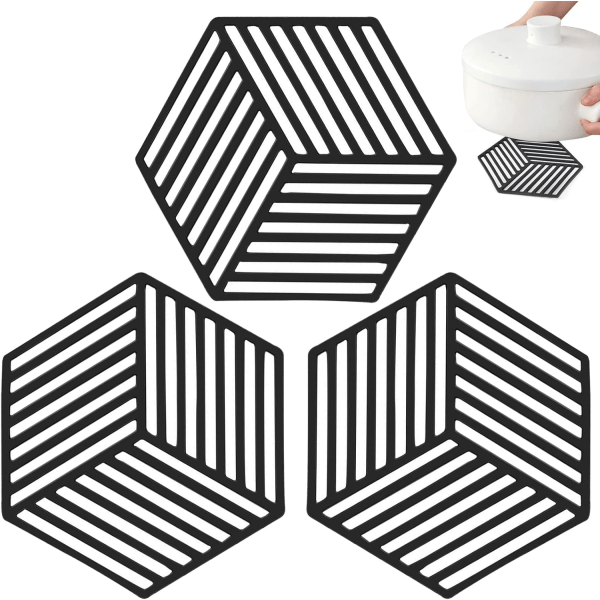 3 stk. Silikon Trivet, Skridsikker Sekskantet Trivet, (Sort) 13,8*