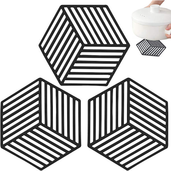 3 stycken silikonunderlägg, halkfria hexagonala underlägg, (svart) 13,8*