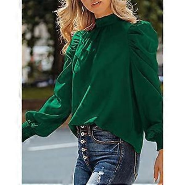 Dame Lang Puff Erme Topper Skjorte Moderne Elegant Løs Casual Ren Farge Høy Hals Bluse for Arbeid Grønn XL