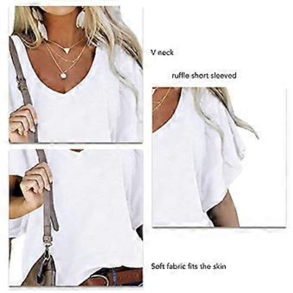 Hvit M Volangermet Bluse V-hals Ensfarget Casual Bluse Skjorte Topp for Kvinner Sommer Date