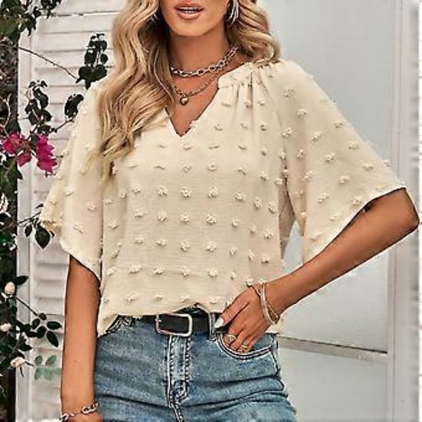 Aprikos L V-hals Sveitsisk Prikk Topp Dame Vår Sommer Løs Casual Elegant Ren Farge Skjorte Bluse for Kontorarbeid
