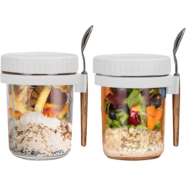 2-delad glasburk för overnight oats med lock och sked, återanvändbar glasburk med skala, frukostburk för förvaring av mjölk, flingor, frukt (vit)