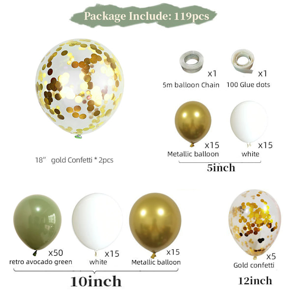 Olivolvgrön Ballonggirlangbåge Kit Platinakonfettiballonger V