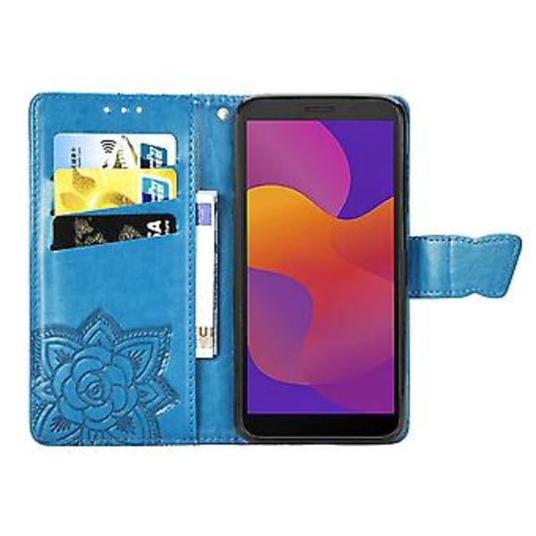 För Huawei Y5P 2020 Fjäril Kärlek Blomma Präglat Horisontellt Flip Läderfodral med Ställ / Kortplats / Plånbok / Snodd Blue