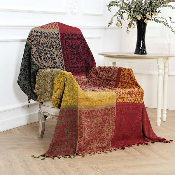 Boho Pläd, (152 cm x 191 cm, Röd Grön Marinblå Gul) Färgglad