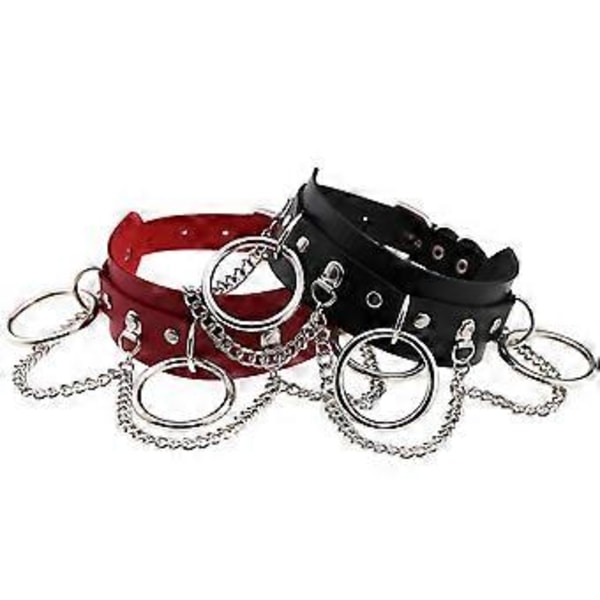 Nahkainen choker metallirenkaalla ja ketjulla, säädettävä kaulakoru