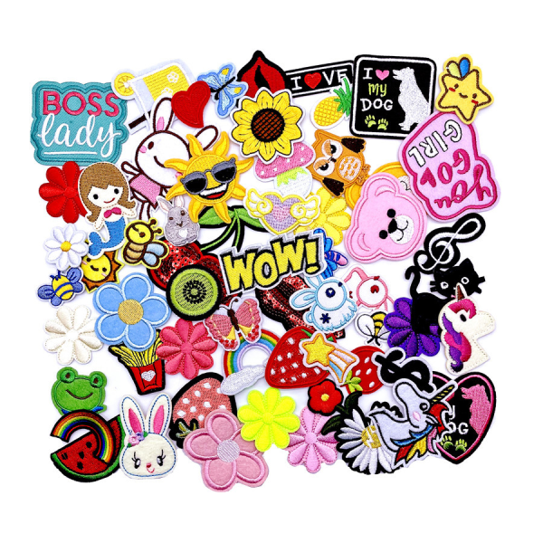 60 stk. Tilfældige assorterede styles broderede patches, lyse levende farver