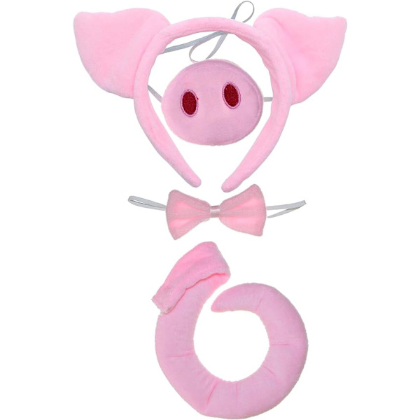 Gris Kostymtillbehör Set - Luddiga Rosa Grisöron Hårband, Slips