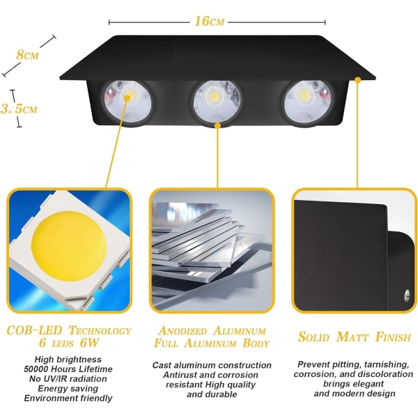 Indendørs sort downlight og downlight væglampe 6W led vandtæt aluminium