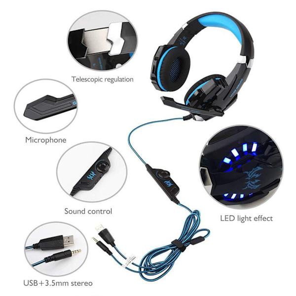 Headset, Kablet PC Gaming Headset med LED-lys til PS5, Gaming Headset - Sort Black