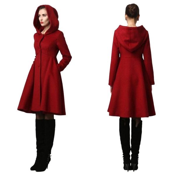 Enkeltradet uldfrakke til kvinder, rød swing-hættefrakke, varmt vinterydertøj, uldfrakke med hætte, julefrakke.S.
