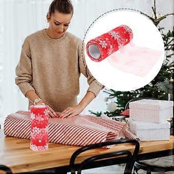 15 cm 10 jaardia Joulun lumihiutale tylli rulla kimalteleva organza harsokangas lumihiutalenauha joulukoristeisiin lahjapaketointiin juhlakoristeluun (Punainen)