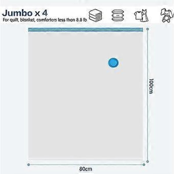 Sæt med 4 XXL vakuumposer til pladsbesparelse (4 Jumbo, 100 x 80) til sengetøj, tøj, dyner, tæpper