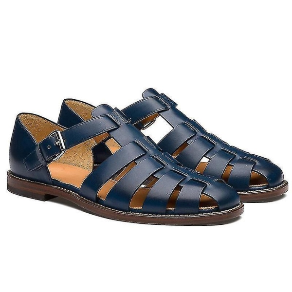 Men&#39;s Sport Sandals Closed Toe Outdoor Handmade Leather Sandal.42.Blue