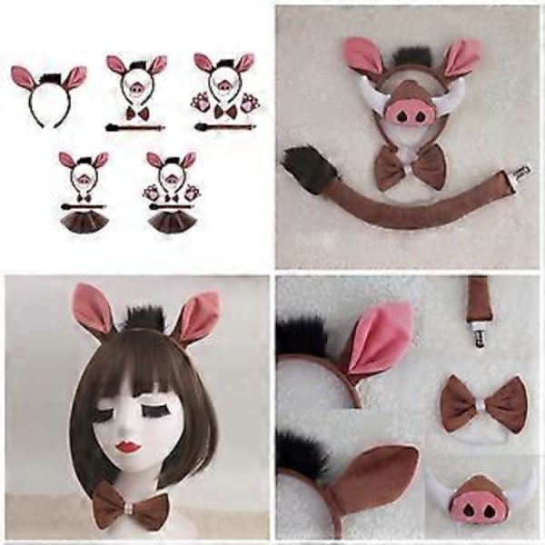 1/4/5/6 Grisekostumer til børn, griseøre-pandebånd, hale, butterfly, handsker, tyllskørter og næse, Halloween-dyrekostumer, tilbehør 5pcs set A