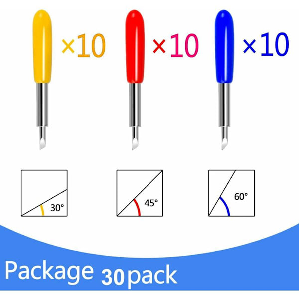 30 st Vinyl Cutter Blades 30/45/60 Grader (10 st av varje färg)