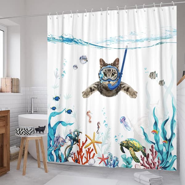 Rolig Katt Duschdraperi Blå, 72''×72'' Set Teal Blå Hav Ocean